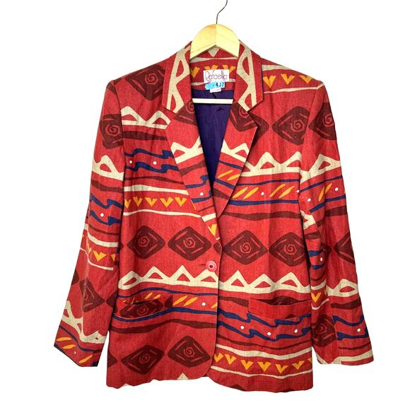 Rafaella Linen Blazer Womens Boho Tribal Dopamine Pattern Office Petite Vtg - Picture 1 of 11
